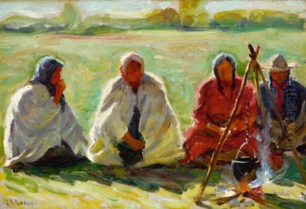 Waiting For The Pot To Boil Oil Painting by Joseph Henry Sharp