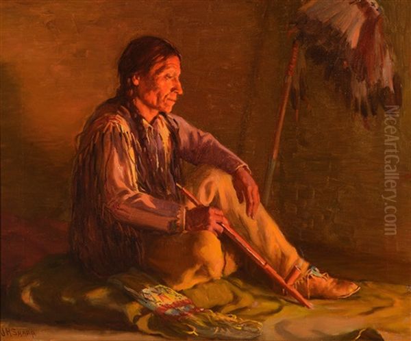 Indian By Fire Oil Painting by Joseph Henry Sharp