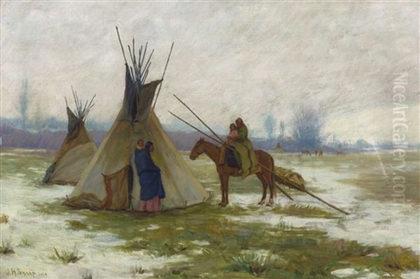 Winter On The Crow Reservation (crow Reservation In Winter) Oil Painting by Joseph Henry Sharp