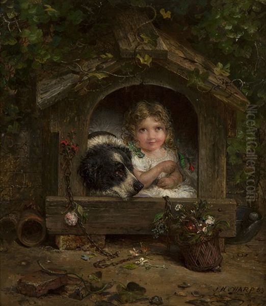 A Girl And Her Dog In A Dog House Oil Painting by Joseph Henry Sharp