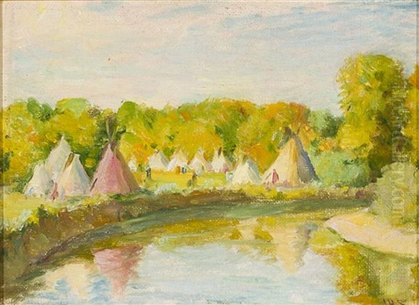 Crow Camp On The Little Bighorn, Crow Agency, Montana Oil Painting by Joseph Henry Sharp