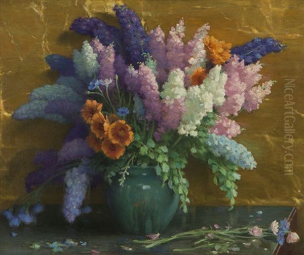 Still Life - Delphiniums In Green Vase by Joseph Henry Sharp