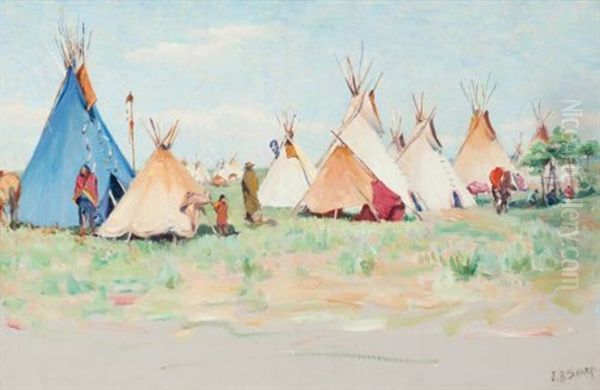 Summer Camp: Crow Encampment, Little Big Horn, Montana Oil Painting by Joseph Henry Sharp