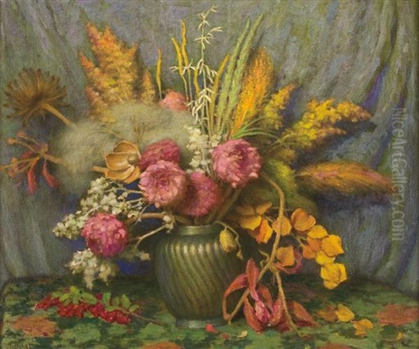 Autumn Flowers, Weeds, Grasses And Seed Pods In Chinese Vase Oil Painting by Joseph Henry Sharp