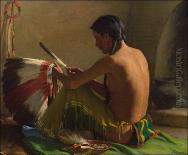 Mending The Bonnet Oil Painting by Joseph Henry Sharp