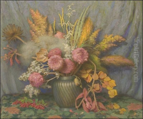 Autumn Flowers, Weeds, Grasses And Seed Pods In Chinese Vase Oil Painting by Joseph Henry Sharp