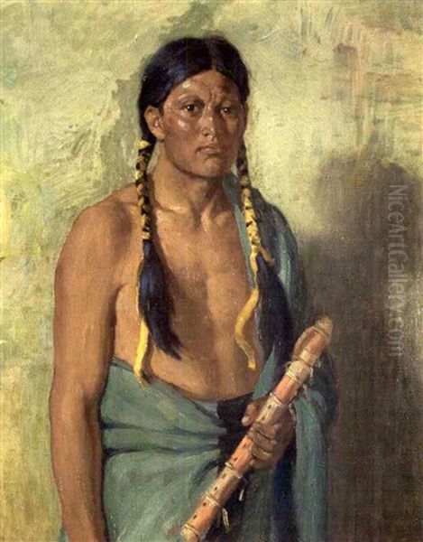 Jerry With Lover's Flute, Taos Oil Painting by Joseph Henry Sharp