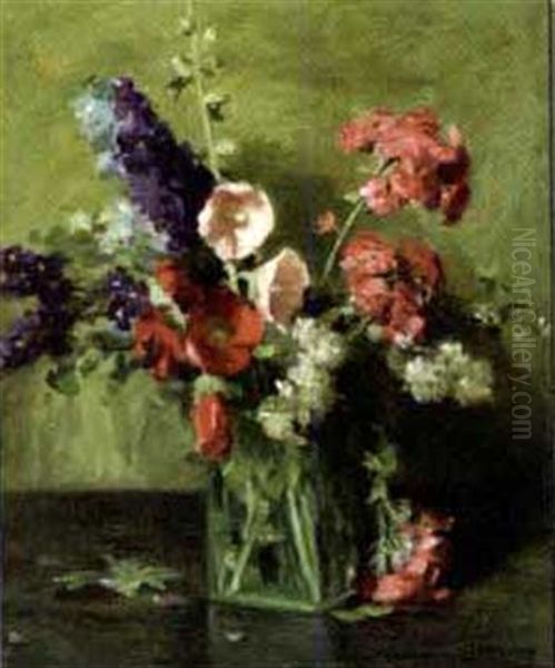 Floral Still Life In Green Glass Vase by Joseph Henry Sharp