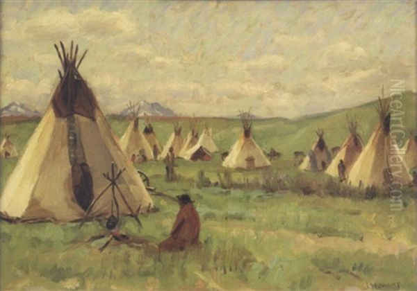 Blackfeet Teepees, Glacier Park Oil Painting by Joseph Henry Sharp