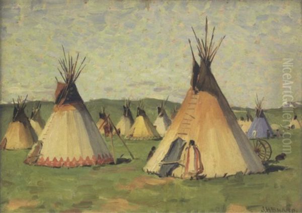 Blackfeet Teepees, Glacier Park, Montana Oil Painting by Joseph Henry Sharp