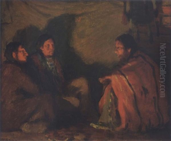 Indians By Firelight Oil Painting by Joseph Henry Sharp