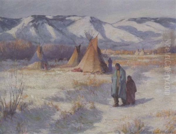 Winter Camp Oil Painting by Joseph Henry Sharp