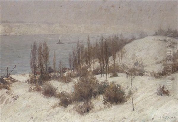 Winterliche Flusslandschaft Mit Lastkahnen by Joseph Henry Sharp