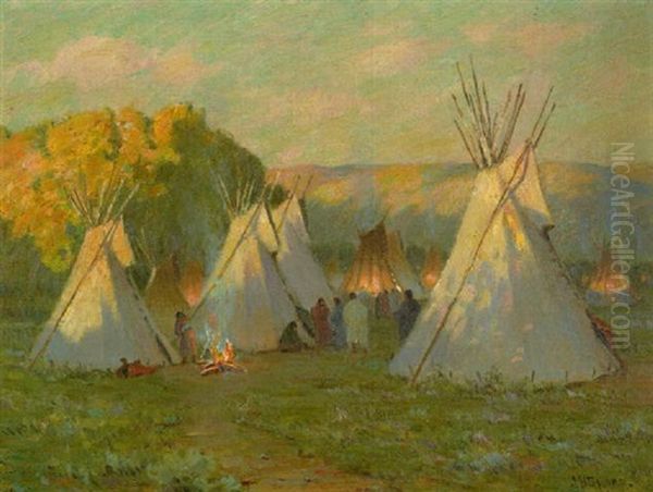 An Indian Encampment At Sunset by Joseph Henry Sharp