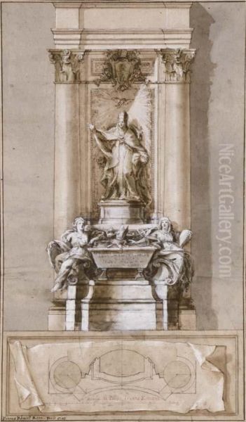 Design For The Tomb Of Pope Clement Xi Albani With Allegories Of Strength And Religion Flanking A Sarcophagus Oil Painting by Pietro Bracci