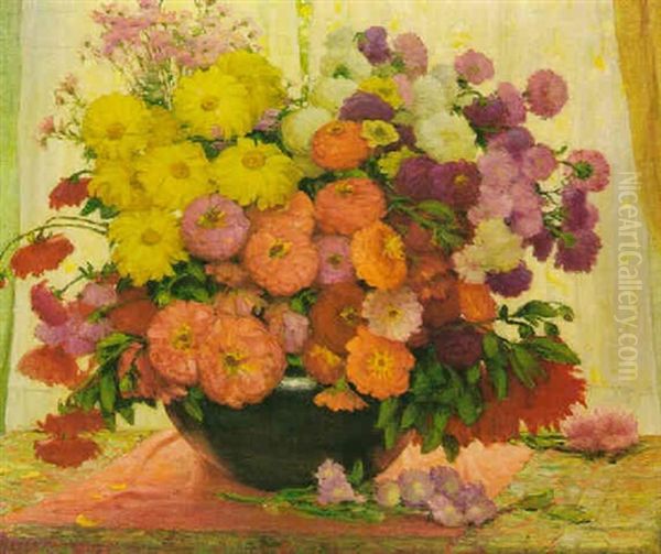 Bowl Of Asters In Front Of An Open Window by Joseph Henry Sharp