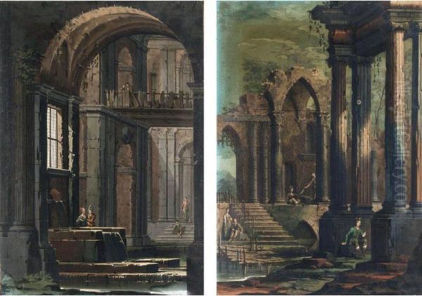 Veduta Di Fantasia Di Interno Di Chiesa Con Figure E Fontana; Capriccio Architettonico Con Rovine E Figure Oil Painting by Mauro Braccioli