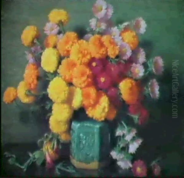 Marigolds And Asters In A China Vase Oil Painting by Joseph Henry Sharp