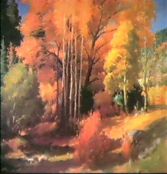 Aspens, Cottonwoods And Spruce,                             Taos Canyon by Joseph Henry Sharp