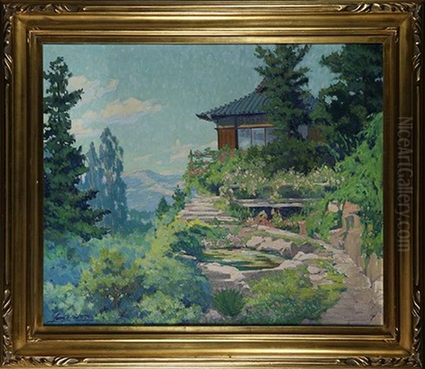 Japanese Garden With Mountain Vista Oil Painting by Louis Hovey Sharp