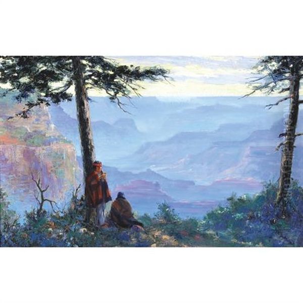 Two Native Americans At The Grand Canyon Oil Painting by Louis Hovey Sharp