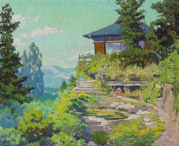 California Landscape With Japanese Style House Oil Painting by Louis Hovey Sharp