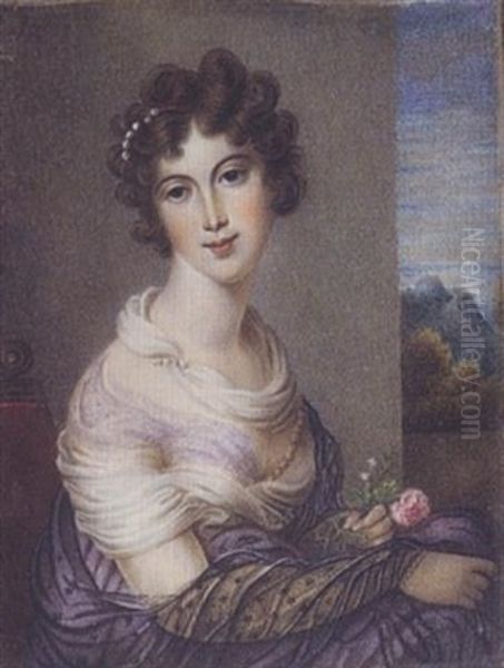 A Lady Wearing Lilac-coloured Dress, Black Lace Shawl, A White Scarf At Her Neck, Pearls In Her Brown Hair, A Pink Rose In Her Hand Oil Painting by Caroline Paterson Sharpe