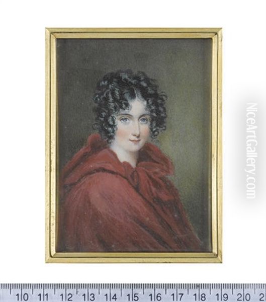 A Lady, Wearing Red Cloak With Hood, Her Raven Hair Upswept And Curled In Ringlets Framing Her Face Oil Painting by Louisa Sharpe