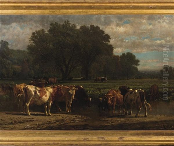 Summer Landscape With Cows At A Stream Oil Painting by Aaron Draper Shattuck