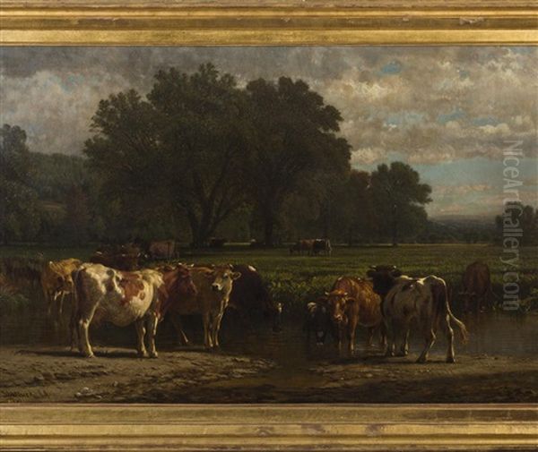 Summer Landscape With Cows At A Stream Oil Painting by Aaron Draper Shattuck