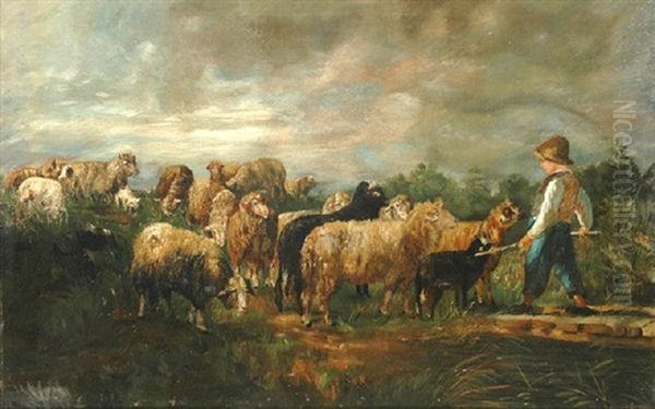 Young Shepherd With Sheep Oil Painting by Annie Cornelia Shaw