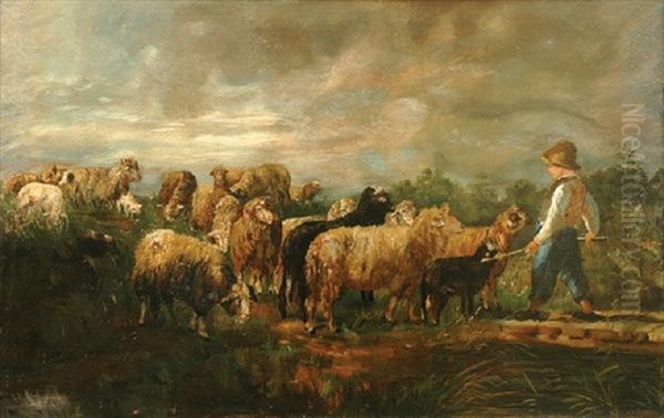 Young Sheppard With Sheep Oil Painting by Annie Cornelia Shaw