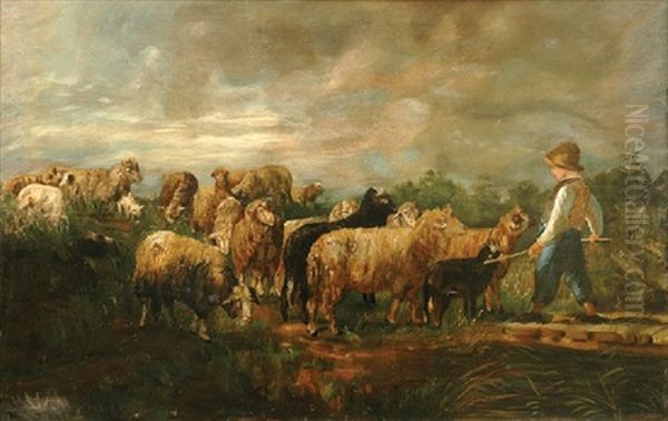 Young Shepherd With Sheep Oil Painting by Annie Cornelia Shaw