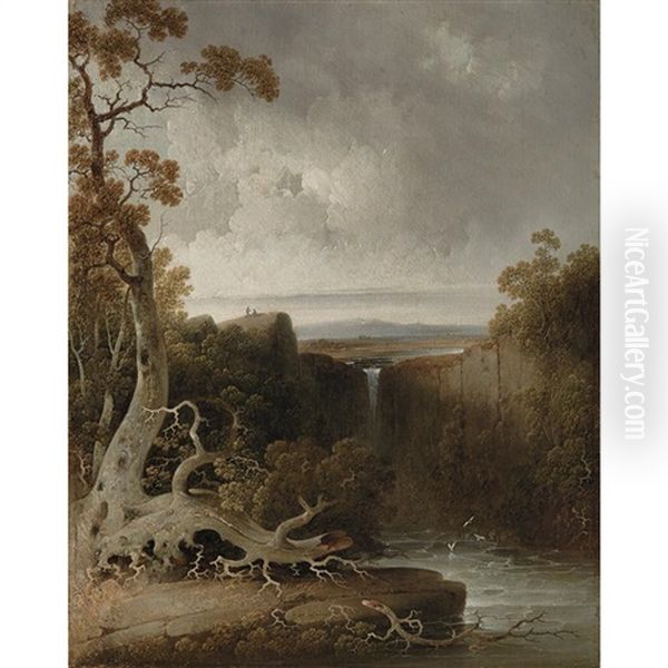 Figures On An Abutment Overlooking An Expansive Landscape With Falls Oil Painting by Joshua Shaw