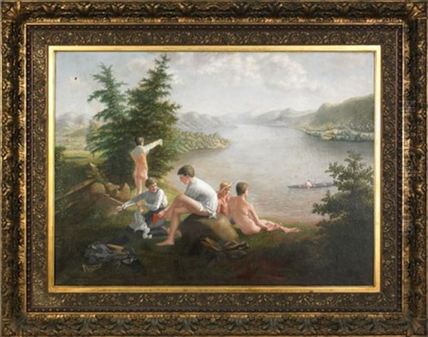 Landscape With Young Boys Swimming In The Nude Oil Painting by Robert Shaw