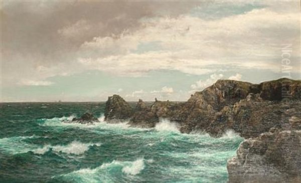 Waves Breaking On A Rocky Coastline Oil Painting by Walter James Shaw