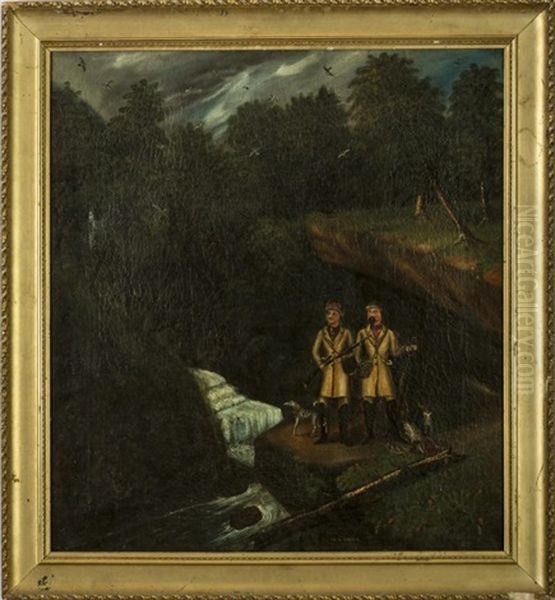 Two Hunters And Their Dog Overlooking A Stream With Falls Oil Painting by William V. Shaw