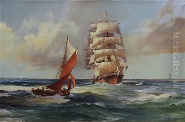 British Merchant And A Plymouth Cutter Off Eddystone Light Oil Painting by George Shaw