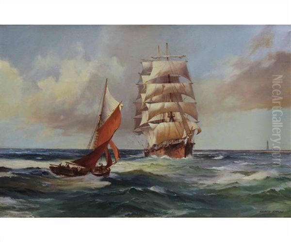 British Merchant And A Plymouth Cutter Off Eddystone Light Oil Painting by George Shaw