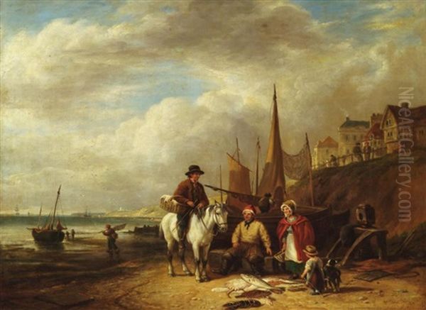 Fisherfolk With Horse On A Shore With A Terrace Of Houses Above And A Harbour Beyond by William Shayer the Elder