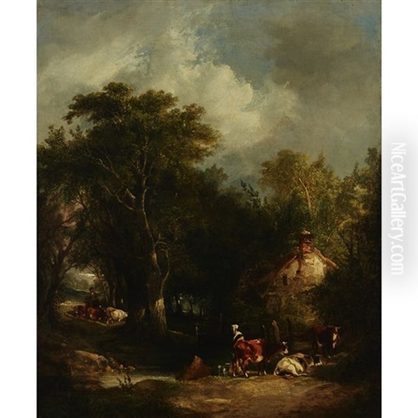 Milking Time Oil Painting by William Shayer the Elder