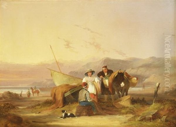 Fisherfolk On The Beach At Sunset Oil Painting by William Shayer the Elder