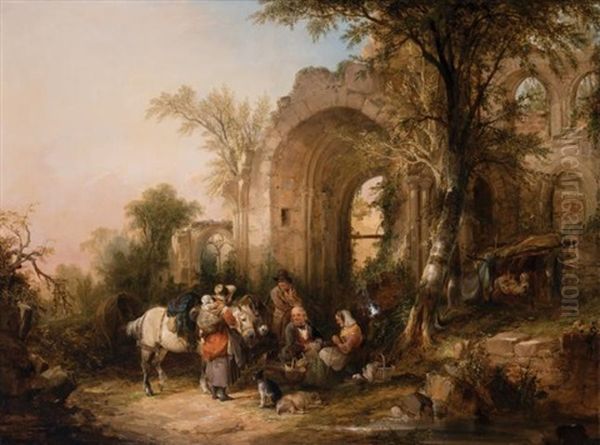 Travelers Resting By The East Window Of Netley Abbey Oil Painting by William Shayer the Elder