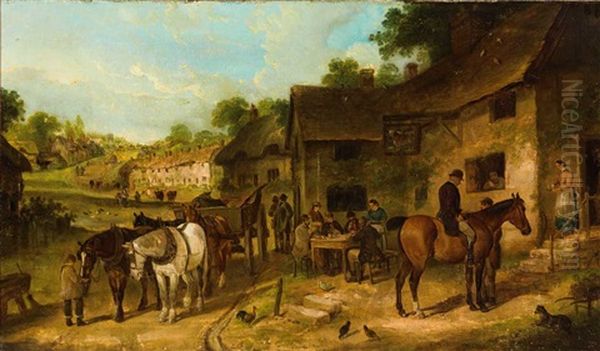 Rastende Fuhrleute Mit Vierspannigem Karren Vor Landlichem Gasthaus Oil Painting by William Shayer the Elder