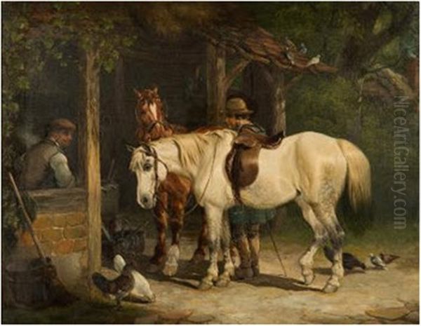 'the Shoeing Forge', A Pair Of Horses With Figures Poultry And Doves In A Woodland Glade Outside A Forge Oil Painting by Charles Shayer