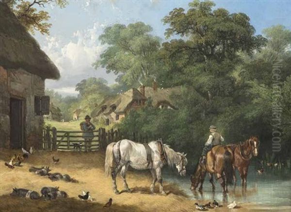 Farmyard Scene With Boy Watering Horses Oil Painting by Charles Shayer