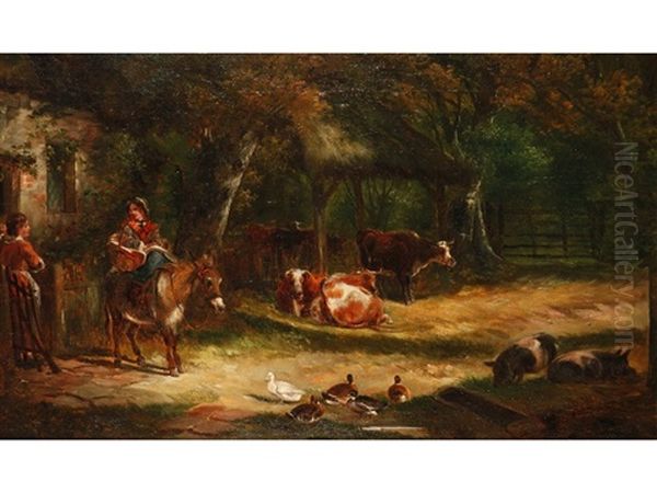 A Farmyard Scene With Livestock And Figures Beside A Cottage Oil Painting by Charles Shayer