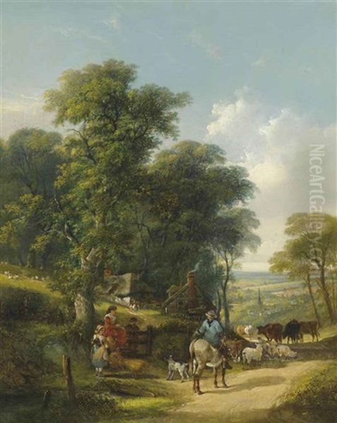 A Herdsman With Cattle And Sheep On A Country Road, Passing Cottages Oil Painting by Charles Shayer