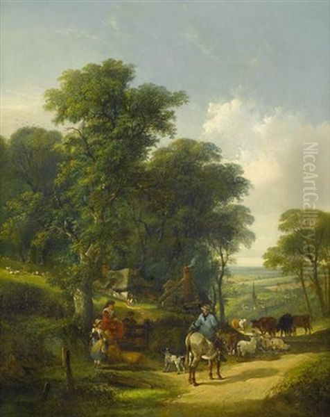 A Herdsman Cattle (sic), Passing Girl And Children Oil Painting by Charles Shayer