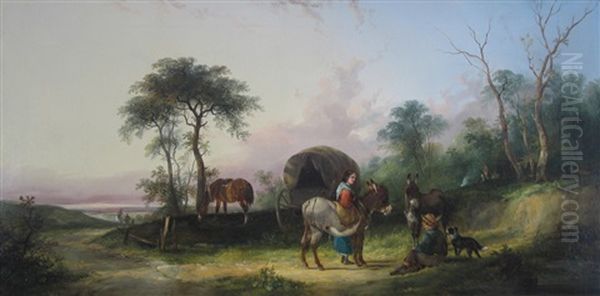 Gypsies In An Open Landscape Oil Painting by Charles Shayer